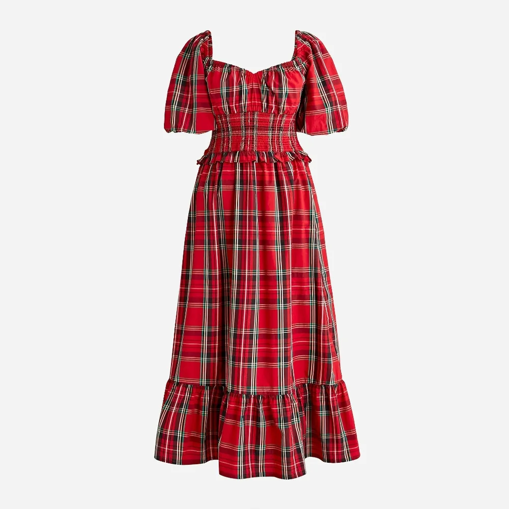 New! J.Crew sz Medium M Red Tartan Plaid Smocked Midi Dress NWT